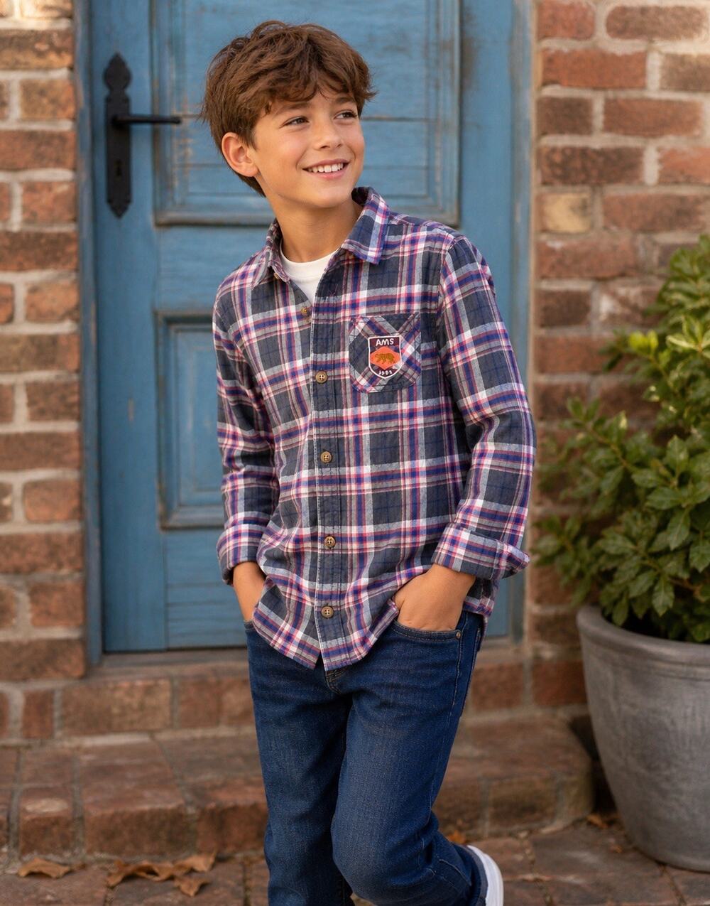 Scotch Shrunk Boys Plaid Button Down Shirt AMS Patch Long Sleeve Boys 10 NWT